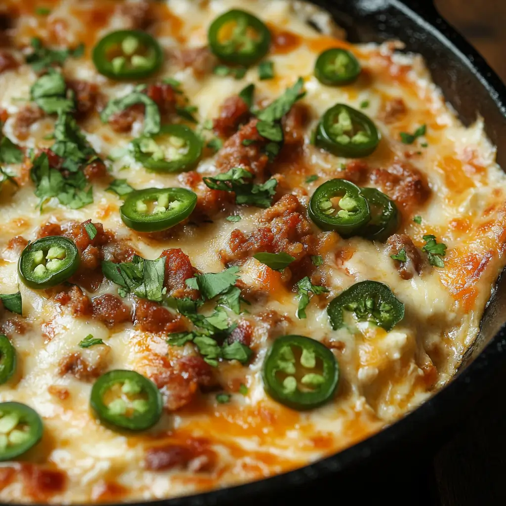 Close-up of a smoked queso dip in a cast iron skillet, filled with melted cheese, chorizo, and jalapeños, taken in a rustic kitchen.