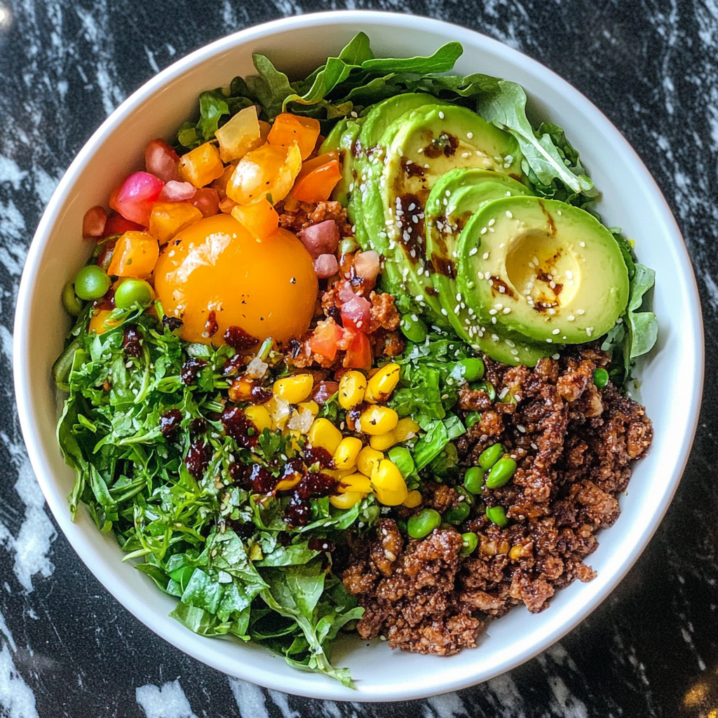 Freshly made burger bowl with greens, protein, and vibrant toppings.