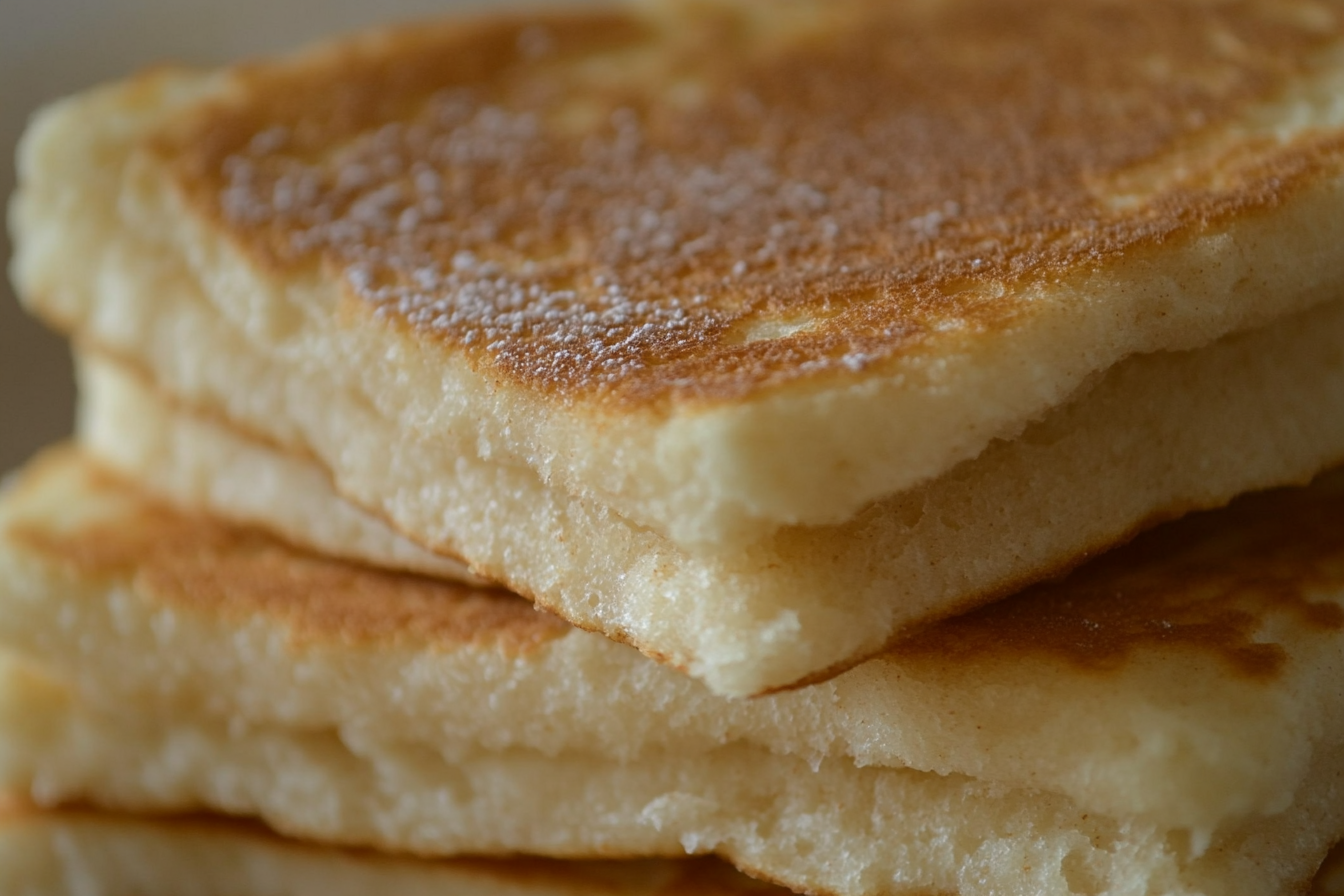 Homemade hotcake mix ingredients on a counter with fresh pancakes ready to serve