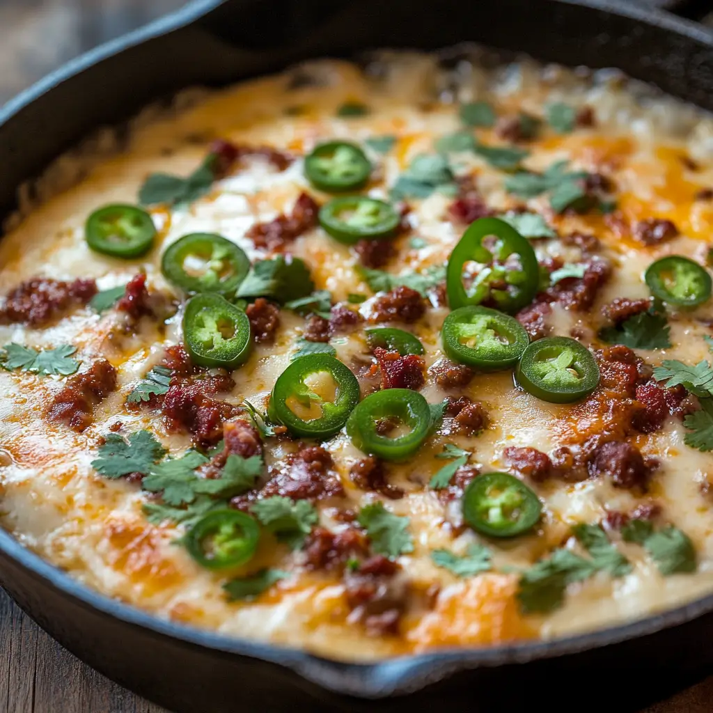 Close-up of a smoked queso dip in a cast iron skillet, filled with melted cheese, chorizo, and jalapeños, taken in a rustic kitchen.


