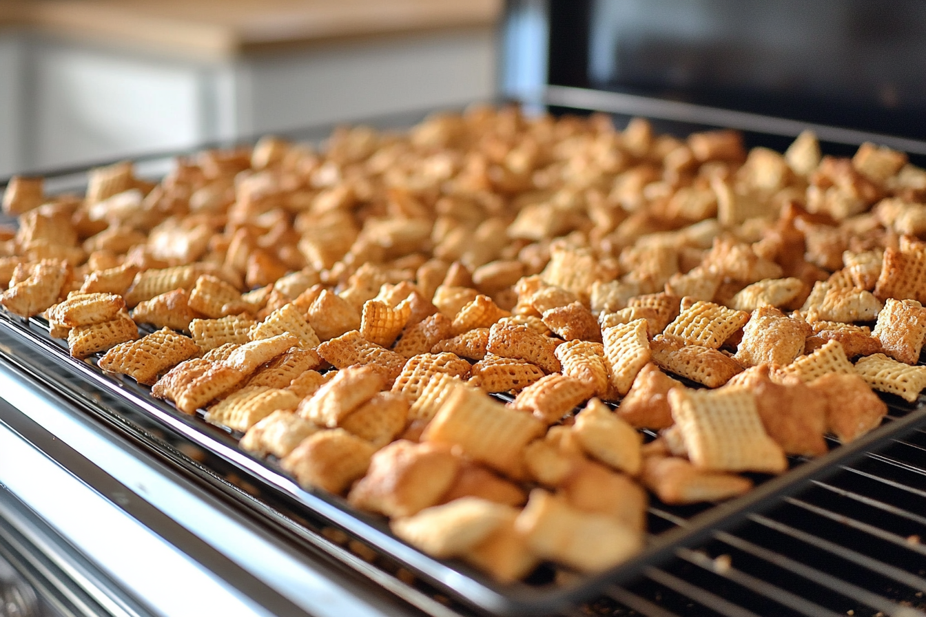 Chex Mix in a baking tray, fresh from the oven