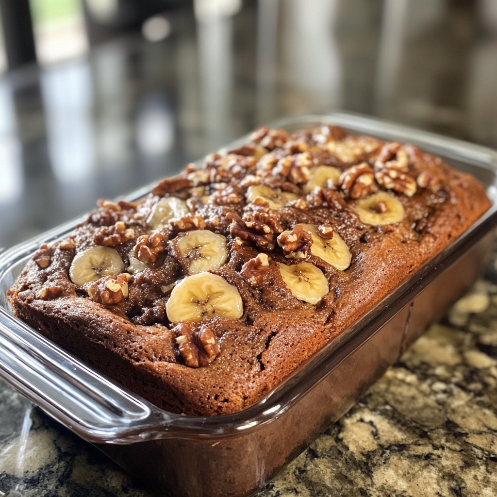 A fresh loaf of moist banana bread sliced on a wooden cutting board in a cozy kitchen.