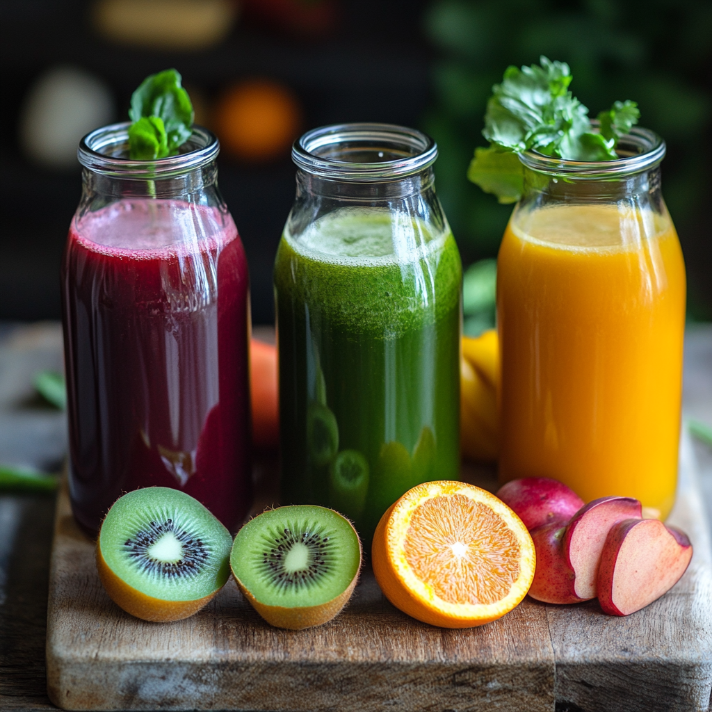 Freshly made 3-day juice cleanse recipes in a high-quality home kitchen setting.