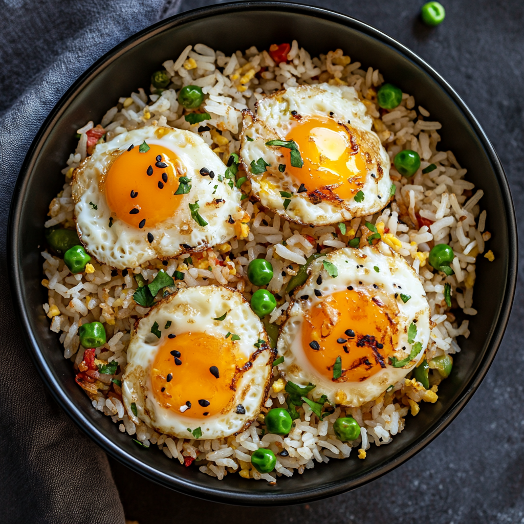 Close-up shot of Anjappar Egg Fried Rice served in a white bowl.