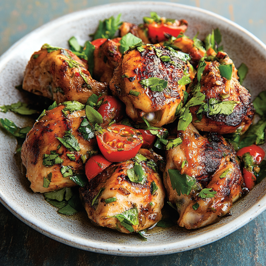 Juicy grilled Blackstone chicken with golden sear marks in a modern kitchen.