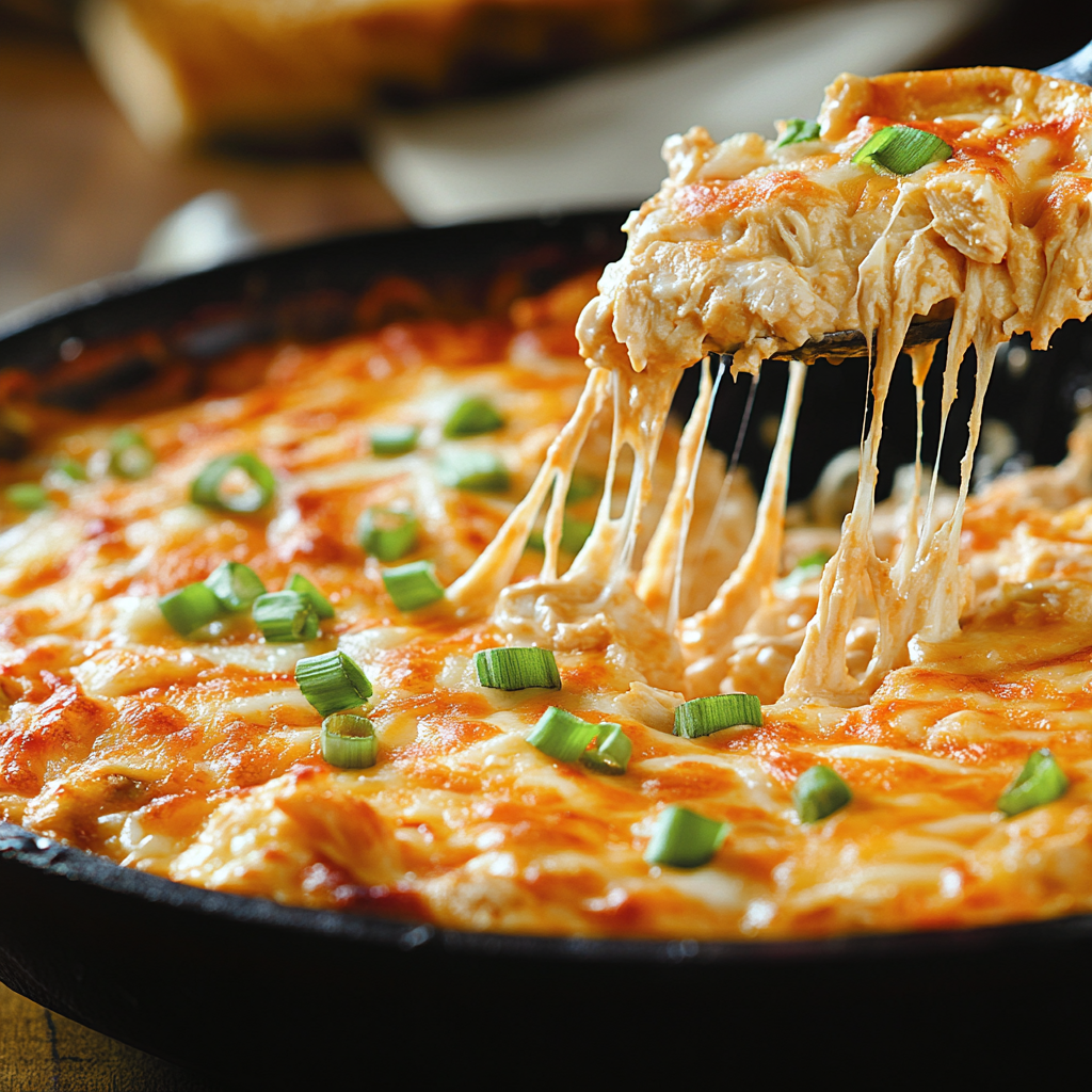 Buffalo Chicken Dip in a cast iron skillet, garnished with melted cheese and fresh herbs.