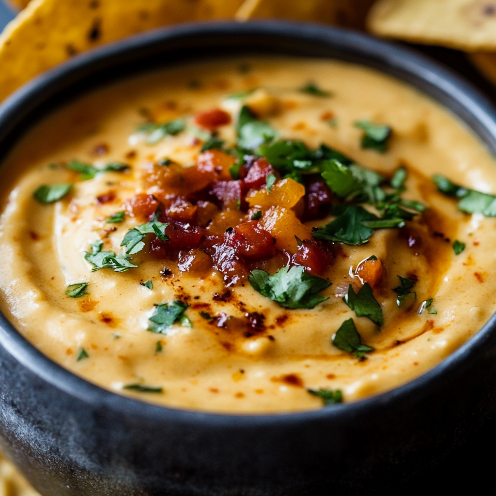 A close-up of creamy chipotle queso dip in a bowl, garnished with chopped cilantro and served with tortilla chips.