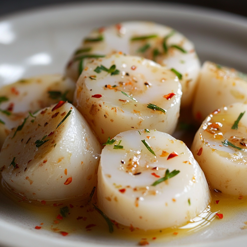 Close-up of a fresh hearts of palm salad in a bright, modern kitchen.