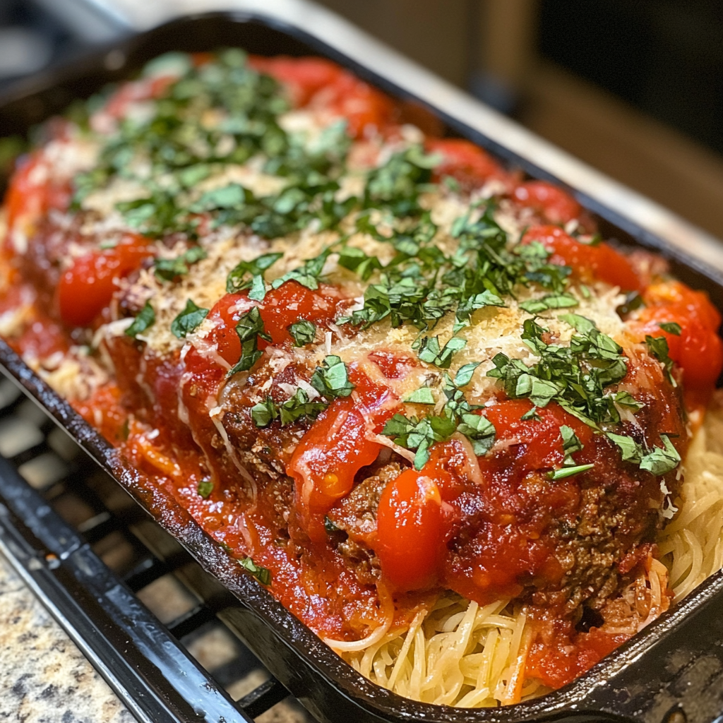 A freshly baked Italian meatloaf with marinara sauce and melted mozzarella on a wooden board.