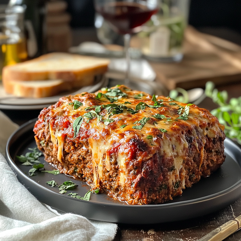 A freshly baked Italian meatloaf with marinara sauce and melted mozzarella on a wooden board.