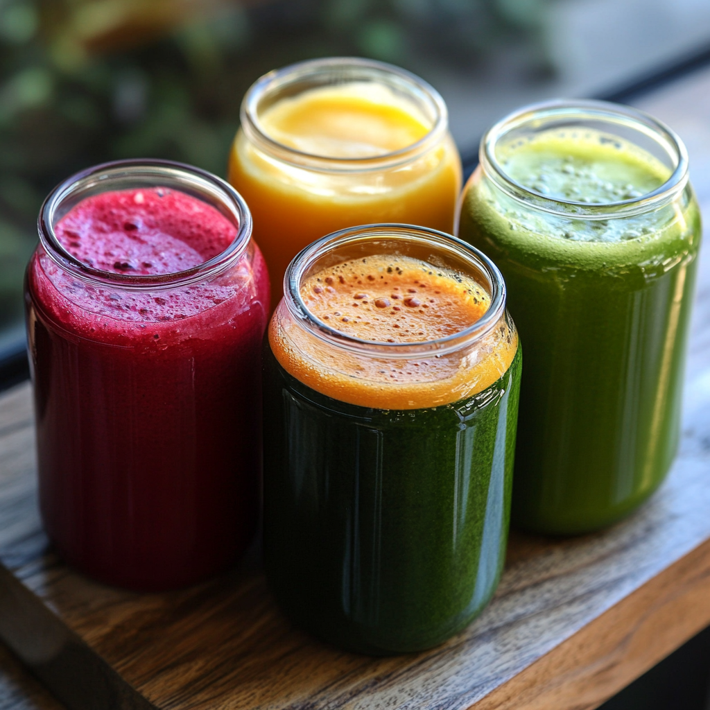 Freshly made 3-day juice cleanse recipes in a high-quality home kitchen setting.