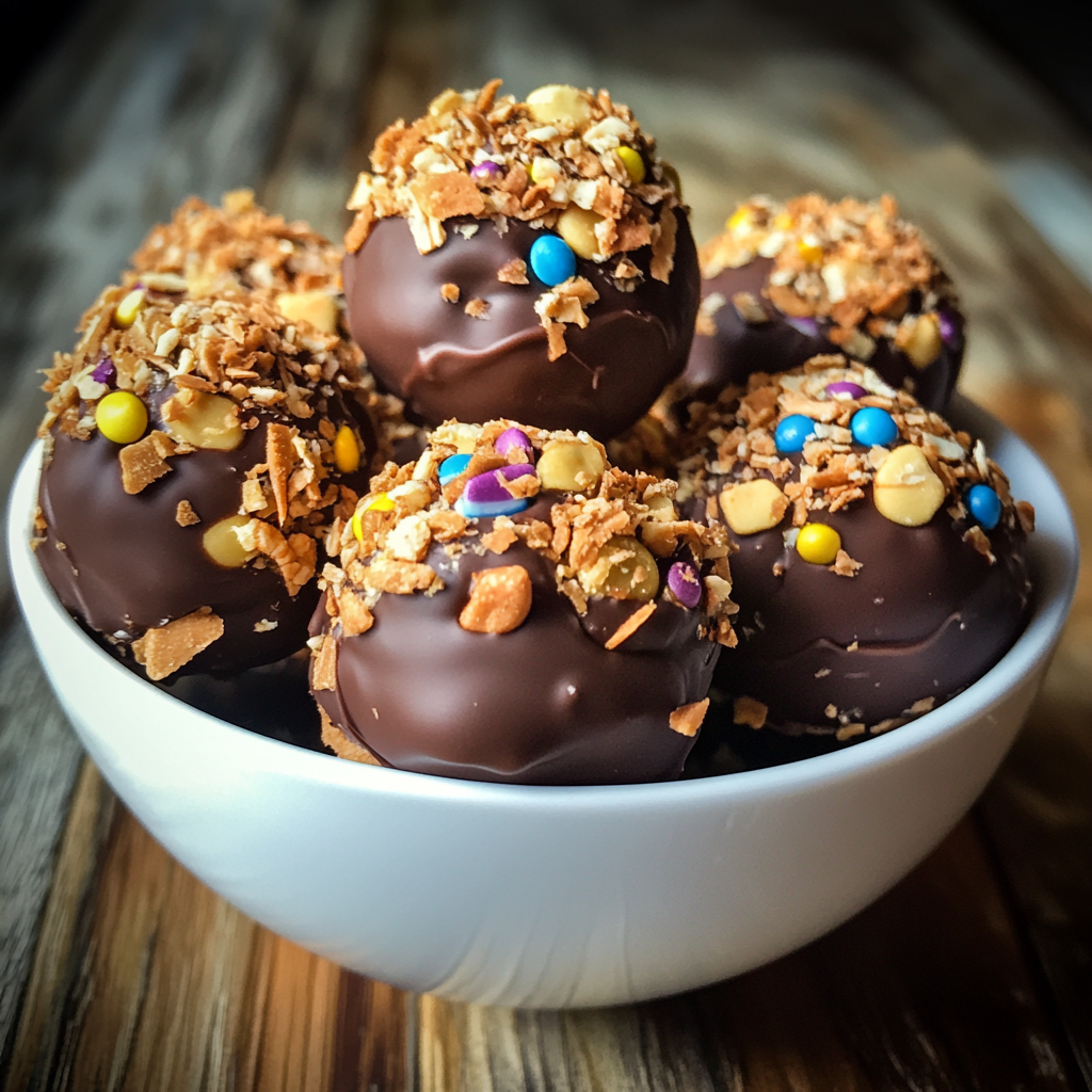 Close-up of freshly made Butterfinger Balls, coated in chocolate and drizzled with peanut butter, on a rustic kitchen counter.